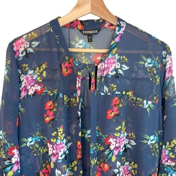 Express Floral Tiered Sleeve Semi Sheer Top - Picture 2 of 8